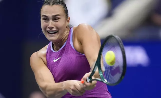 Aryna Sabalenka, of Belarus, returns a shot to Jessica Pegula, of the United States, during the women's singles final of the U.S. Open tennis championships, Saturday, Sept. 7, 2024, in New York. (AP Photo/Julia Nikhinson)