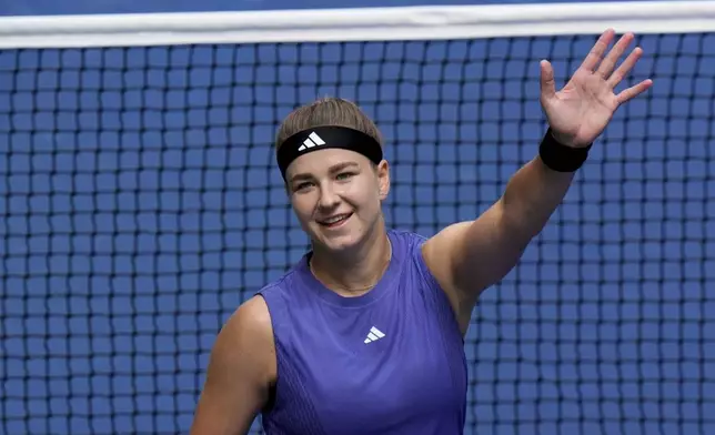 Karolina Muchova, of the Czech Republic, reacts after defeating Jasmine Paolini, of Italy, in their fourth round match of the U.S. Open tennis championships, Monday, Sept. 2, 2024, in New York. (AP Photo/Eduardo Munoz Alvarez)