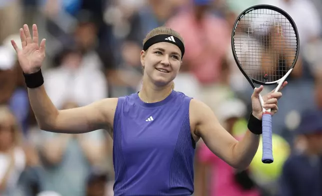 Karolina Muchova, of the Czech Republic, reacts after defeating Anastasia Potapova, of Russia, during the third round of the U.S. Open tennis championships, Saturday, Aug. 31, 2024, in New York. (AP Photo/Adam Huger)