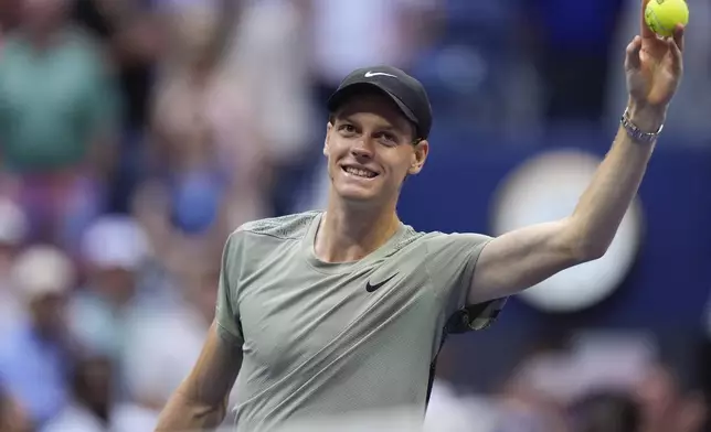 Jannik Sinner, of Italy, reacts after defeating Jack Draper, of Great Britain, during the men's singles semifinal of the U.S. Open tennis championships, Friday, Sept. 6, 2024, in New York. (AP Photo/Julia Nikhinson)