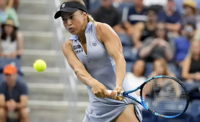 Yulia Putintseva, of Kazakhstan, returns a shot to Jasmine Paolini, of Italy, during the third round of the U.S. Open tennis championships, Saturday, Aug. 31, 2024, in New York. (AP Photo/Kirsty Wigglesworth)