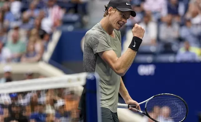 Jannik Sinner, of Italy, reacts after scoring a point against Jack Draper, of Great Britain, during the men's singles semifinal of the U.S. Open tennis championships, Friday, Sept. 6, 2024, in New York. (AP Photo/Julia Nikhinson)