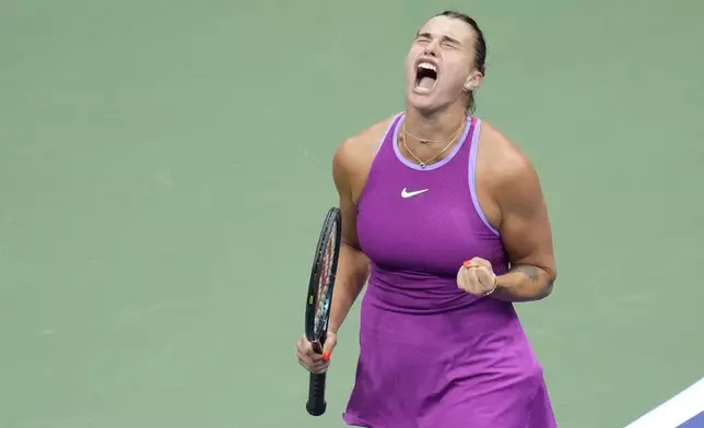 Aryna Sabalenka, of Belarus, reacts against Jessica Pegula, of the United States, during the women's singles final of the U.S. Open tennis championships, Saturday, Sept. 7, 2024, in New York. (AP Photo/Kirsty Wigglesworth)