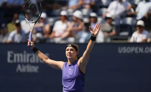 Karolina Muchova, of the Czech Republic, reacts after defeating Beatriz Haddad Maia, of Brazil, during the quarterfinals of the U.S. Open tennis championships, Wednesday, Sept. 4, 2024, in New York. (AP Photo/Kirsty Wigglesworth)