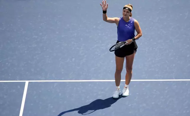 Karolina Muchova, of the Czech Republic, waves to the crowd after defeating Beatriz Haddad Maia, of Brazil, during the quarterfinals of the U.S. Open tennis championships, Wednesday, Sept. 4, 2024, in New York. (AP Photo/Pamela Smith)