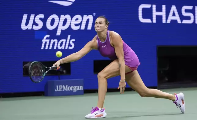 Aryna Sabalenka, of Belarus, returns a shot to Jessica Pegula, of the United States, during the women's singles final of the U.S. Open tennis championships, Saturday, Sept. 7, 2024, in New York. (AP Photo/Frank Franklin II)