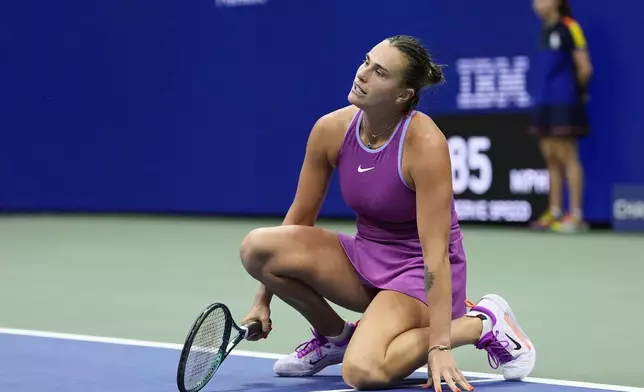 Aryna Sabalenka, of Belarus, reacts in the second set against Jessica Pegula, of the United States, during the women's singles final of the U.S. Open tennis championships, Saturday, Sept. 7, 2024, in New York. (AP Photo/Julia Nikhinson)