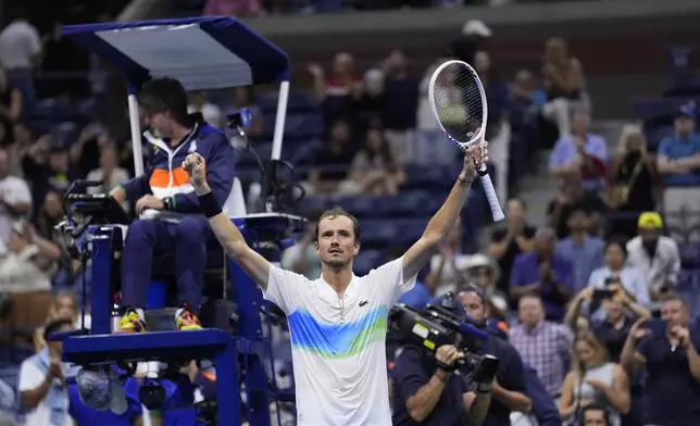 Daniil Medvedev, of Russia, reacts after defeating Flavio Cobolli, of Italy, during the third round of the U.S. Open tennis championships, Saturday, Aug. 31, in New York. 2024. (AP Photo/Matt Rourke)