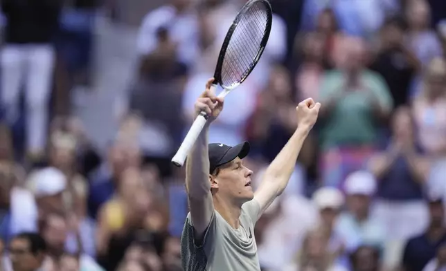 Jannik Sinner, of Italy, reacts after defeating Jack Draper, of Great Britain, during the men's singles semifinal of the U.S. Open tennis championships, Friday, Sept. 6, 2024, in New York. (AP Photo/Julia Nikhinson)