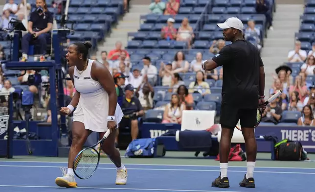 Taylor Townsend, of the United States, and Donald Young, of the United States, react in the first set against Sara Errani, of Italy, and Andrea Vavassori, of Italy, during the mixed doubles final of the U.S. Open tennis championships, Thursday, Sept. 5, 2024, in New York. (AP Photo/Julia Nikhinson)