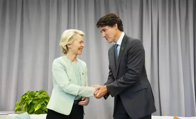 Canada Prime Minister Justin Trudeau takes part in a bilateral meeting with President of the European Commission Ursula von der Leyen during the 79th Session of the UN General Assembly at United Nations headquarters, Tuesday, Sept. 24, 2024. (Sean Kilpatrick/The Canadian Press via AP)