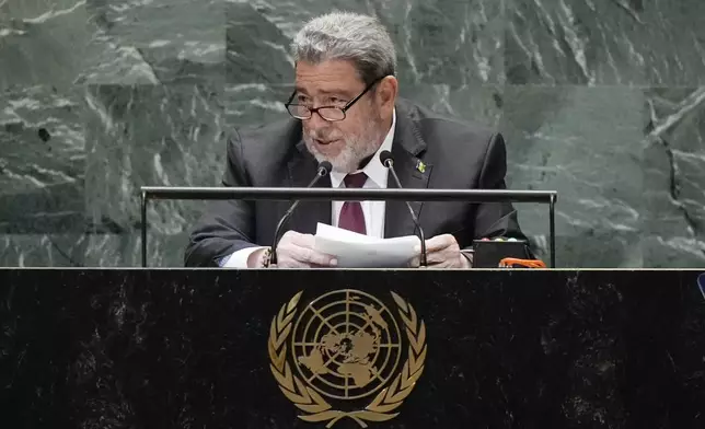 St. Vincent and the Grenadines Prime Minister Ralph E. Gonsalves speaks to the United Nations General Assembly during Summit of the Future, Sunday, Sept. 22, 2024 at U.N. headquarters. (AP Photo/Frank Franklin II)