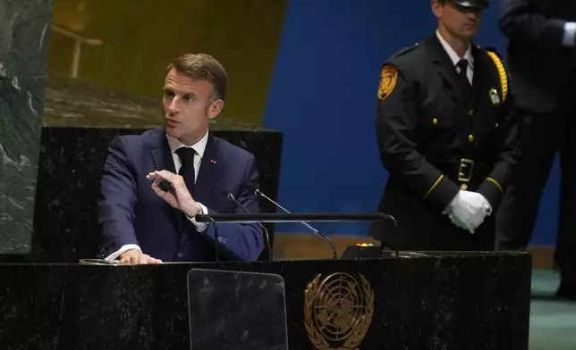 France's President Emmanuel Macron addresses the 79th session of the United Nations General Assembly at United Nations headquarters, Wednesday, Sept. 25, 2024. (AP Photo/Seth Wenig)