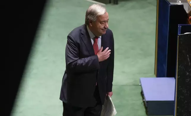 United Nations Secretary-General António Guterres puts his hand over his heart after speaking to the 79th session of the United Nations General Assembly at United Nations headquarters, Tuesday, Sept. 24, 2024. (AP Photo/Seth Wenig)