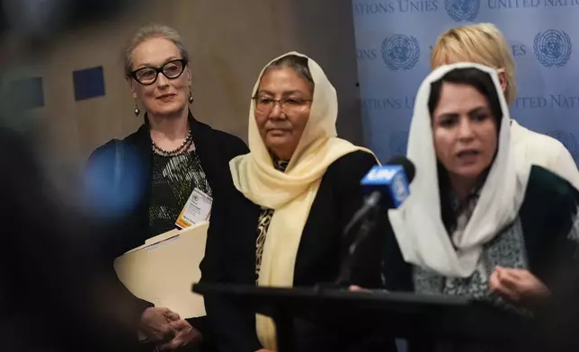 Meryl Streep, left, attends a press conference following an event on "The Inclusion of Women in the Future of Afghanistan," Monday, Sept. 23, 2024, at the United Nations headquarters. (AP Photo/Julia Demaree Nikhinson)