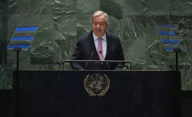 António Guterres, United Nations Secretary-General, speaks to the United Nations General Assembly during the Summit for the Future, Sunday, Sept. 22, 2024 at U.N. headquarters. (AP Photo/Frank Franklin II)