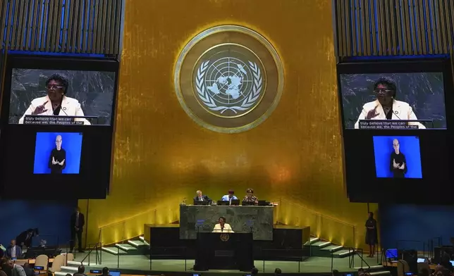 Barbados Prime Minister Mia Amor Mottley speaks to the United Nations General Assembly during Summit of the Future, Sunday, Sept. 22, 2024 at U.N. headquarters. (AP Photo/Frank Franklin II)