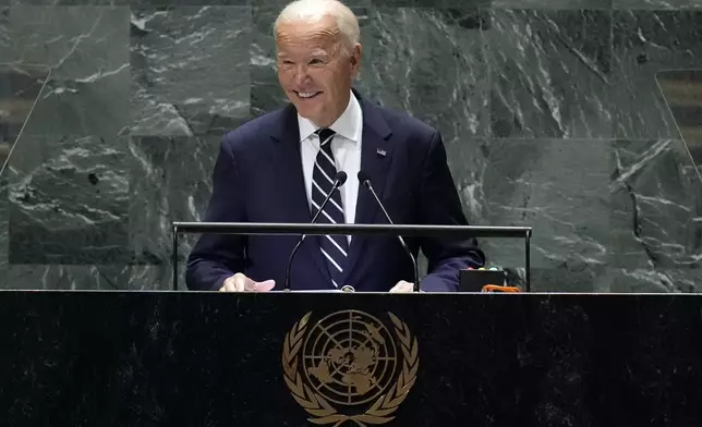 U.S. President Joseph Biden addresses the 79th session of the United Nations General Assembly, Tuesday, Sept. 24, 2024. (AP Photo/Richard Drew)