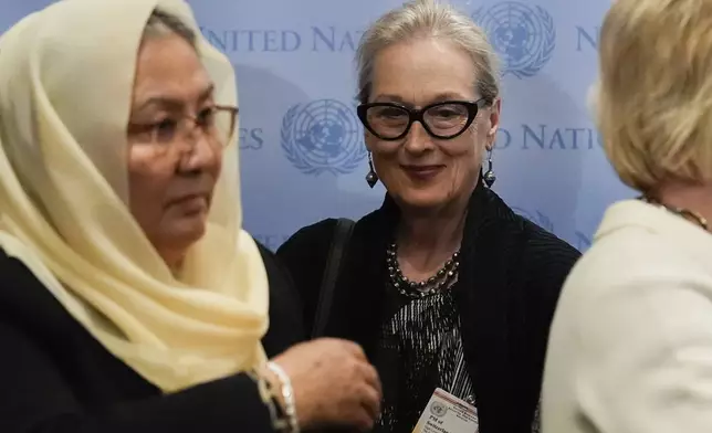 Meryl Streep, center, arrives at a press conference following an event on "The Inclusion of Women in the Future of Afghanistan," Monday, Sept. 23, 2024, at the United Nations headquarters. (AP Photo/Julia Demaree Nikhinson)