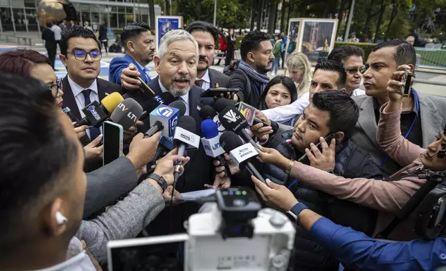 Honduras Minister of Foreign Affairs Enrique Reina speaks to reporters at the United Nations Headquarters, Tuesday Sept. 24, 2024. (AP Photo/Stefan Jeremiah)