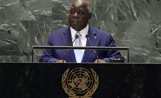 Bahamas Prime Minister Philip Edward Davis addresses the 79th session of the United Nations General Assembly, Friday, Sept. 27, 2024. (AP Photo/Richard Drew)