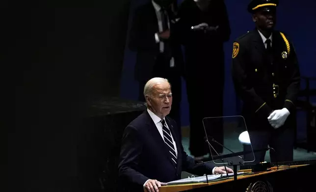 President Joe Biden addresses the 79th session of the United Nations General Assembly, Tuesday, Sept. 24, 2024, at the UN headquarters. (AP Photo/Julia Demaree Nikhinson)