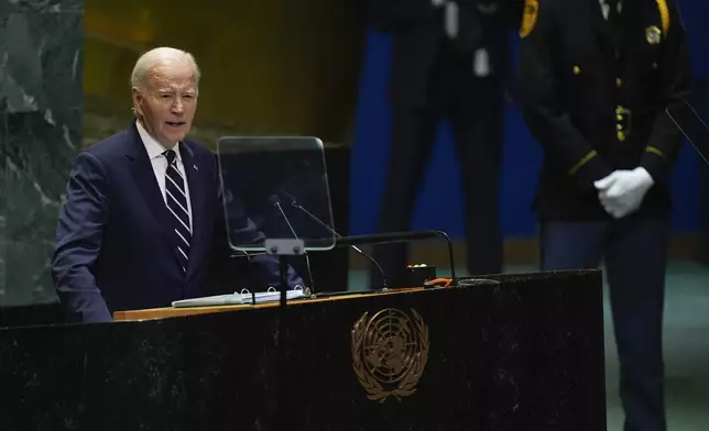 President Joe Biden addresses the 79th session of the United Nations General Assembly, Tuesday, Sept. 24, 2024, at UN headquarters. (AP Photo/Julia Demaree Nikhinson)