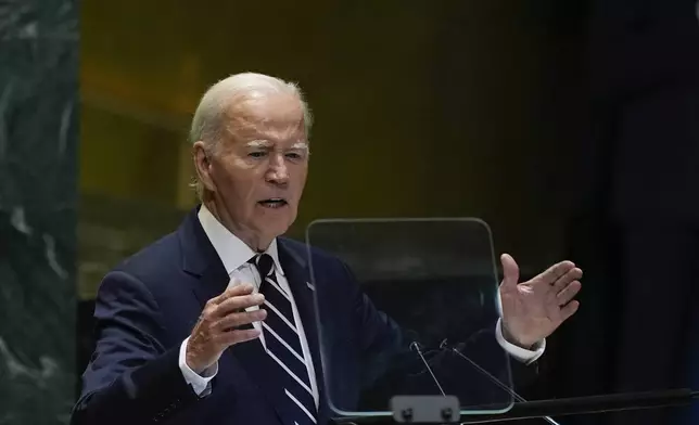 United States President Joe Biden addresses the 79th session of the United Nations General Assembly, Tuesday, Sept. 24, 2024, at UN headquarters. (AP Photo/Julia Demaree Nikhinson)