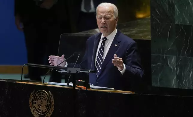 United States President Joe Biden addresses the 79th session of the United Nations General Assembly, Tuesday, Sept. 24, 2024, at UN headquarters. (AP Photo/Manuel Balce Ceneta)