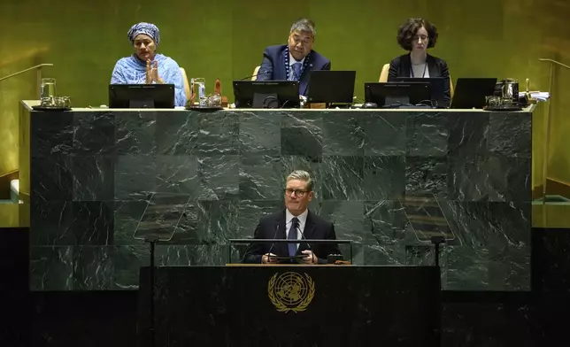 Britain's Prime Minister Keir Starmer addresses the 79th session of the United Nations General Assembly, Thursday, Sept. 26, 2024, at U.N. headquarters. (Leon Neal/Pool Photo via AP)