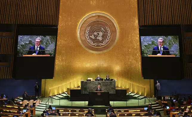 Britain's Prime Minister Keir Starmer addresses the 79th session of the United Nations General Assembly, Thursday, Sept. 26, 2024, at U.N. headquarters. (Leon Neal/Pool Photo via AP)