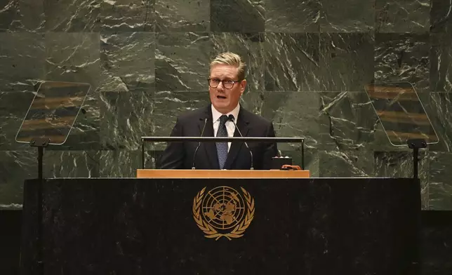 Britain's Prime Minister Keir Starmer addresses the 79th session of the United Nations General Assembly, Thursday, Sept. 26, 2024, at U.N. headquarters. (Leon Neal/Pool Photo via AP)