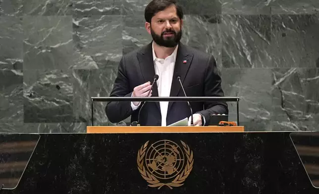 President of Chile Gabriel Boric Font addresses the 79th session of the United Nations General Assembly, Tuesday, Sept. 24, 2024. (AP Photo/Pamela Smith)