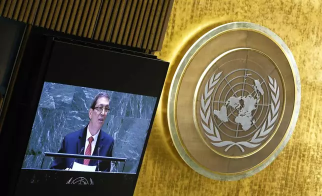 Cuba's Minister for Foreign Affairs Bruno Eduardo Rodríguez Parrilla addresses the 79th session of the United Nations General Assembly, Saturday, Sept. 28, 2024. (AP Photo/Pamela Smith)