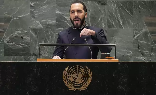 President of El Salvador Nayib Armando Bukele addresses the 79th session of the United Nations General Assembly, Tuesday, Sept. 24, 2024. (AP Photo/Pamela Smith)