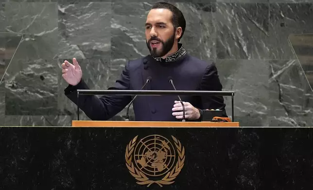 President of El Salvador Nayib Armando Bukele addresses the 79th session of the United Nations General Assembly, Tuesday, Sept. 24, 2024. (AP Photo/Pamela Smith)