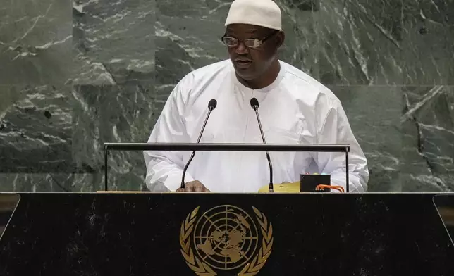 Gambia's President Adama Barrow addresses the 79th session of the United Nations General Assembly, Thursday, Sept. 26, 2024, at U.N. headquarters. (AP Photo/Frank Franklin II)