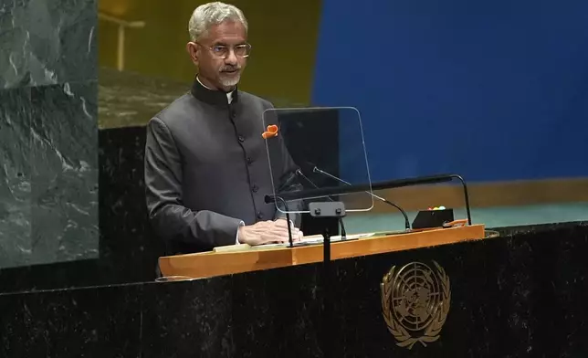 India's Minister for External Affairs Subrahmanyam Jaishankar addresses the 79th session of the United Nations General Assembly, Saturday, Sept. 28, 2024. (AP Photo/Pamela Smith)