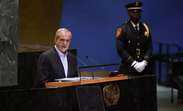 President of Iran Masoud Pezeshkian addresses the 79th session of the United Nations General Assembly at United Nations headquarters, Tuesday, Sept. 24, 2024. (AP Photo/Seth Wenig)