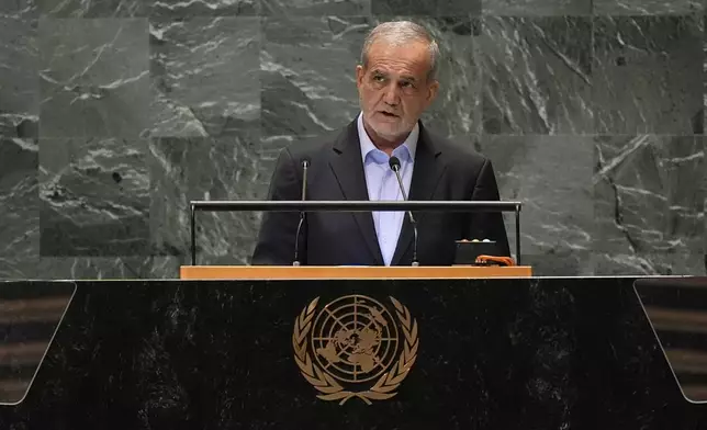 President of Iran Masoud Pezeshkian addresses the 79th session of the United Nations General Assembly, Tuesday, Sept. 24, 2024. (AP Photo/Pamela Smith)