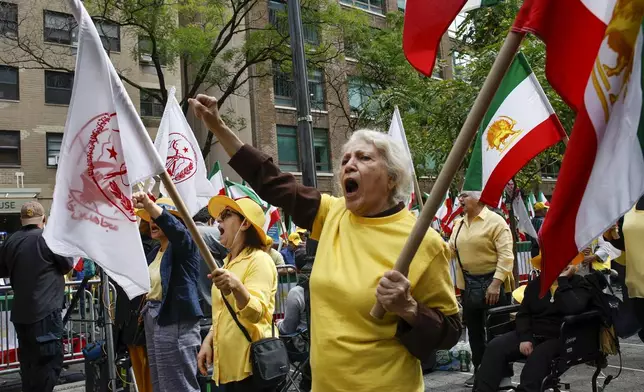 Demonstrators protest against the Iranian regime outside United Nations headquarters, Tuesday, Sept. 24, 2024, in New York. (AP Photo/Stefan Jeremiah)