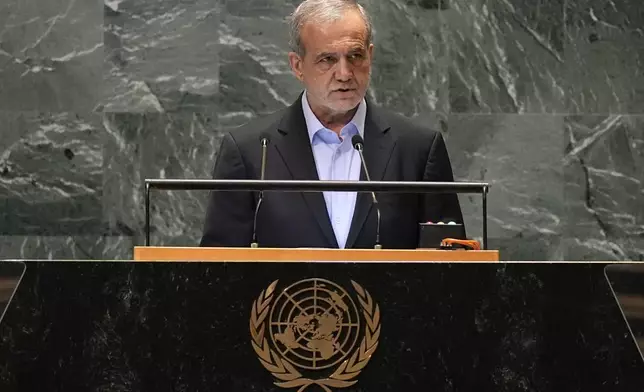 President of Iran Masoud Pezeshkian addresses the 79th session of the United Nations General Assembly, Tuesday, Sept. 24, 2024. (AP Photo/Pamela Smith)