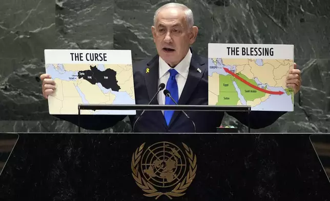 Israel Prime Minister Benjamin Netanyahu addresses the 79th session of the United Nations General Assembly, Friday, Sept. 27, 2024. (AP Photo/Richard Drew)