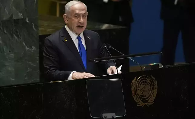 Prime Minister of Israel Benjamin Netanyahu addresses the 79th session of the United Nations General Assembly, Friday, Sept. 27, 2024. (AP Photo/Pamela Smith)