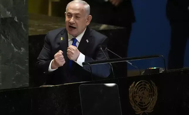 Prime Minister of Israel Benjamin Netanyahu addresses the 79th session of the United Nations General Assembly, Friday, Sept. 27, 2024. (AP Photo/Pamela Smith)