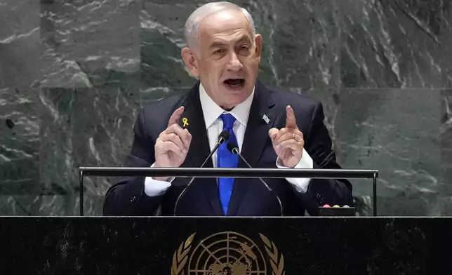 Israel Prime Minister Benjamin Netanyahu addresses the 79th session of the United Nations General Assembly, Friday, Sept. 27, 2024. (AP Photo/Richard Drew)