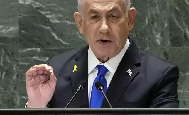 Israel Prime Minister Benjamin Netanyahu addresses the 79th session of the United Nations General Assembly, Friday, Sept. 27, 2024. (AP Photo/Richard Drew)