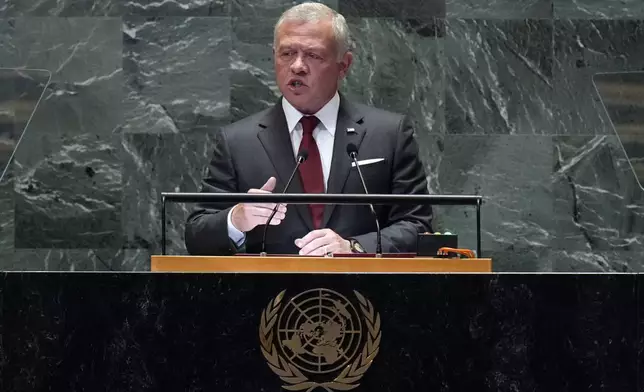 King Abdullah II bin Al Hussein of Jordan addresses the 79th session of the United Nations General Assembly at the United Nations headquarters, Tuesday, Sept. 24, 2024. (AP Photo/Richard Drew)