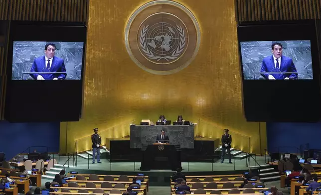 Libya President Mohamed Younis A Menfi addresses the 79th session of the United Nations General Assembly, Wednesday, Sept. 25, 2024. (AP Photo/Richard Drew)