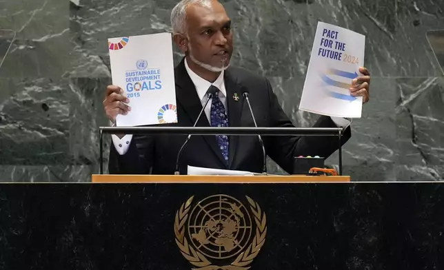 Maldives President Mohamed Muizzu addresses the 79th session of the United Nations General Assembly, Tuesday, Sept. 24, 2024. (AP Photo/Richard Drew)